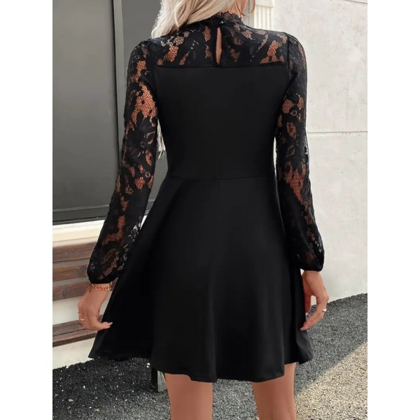 Kadın Uzun Kollu Dantelli Kloş Mini Ithal Krep Elbise