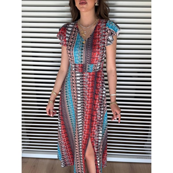 Kadın Kısa Kollu V Yakalı Desenli Yandan Yırtmaçlı Süprem Elbise