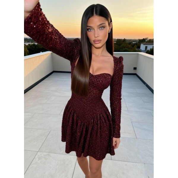 Kadın Uzun Kollu Armut Yaka Pul Payet Işlemeli Mini Gece Elbisesi