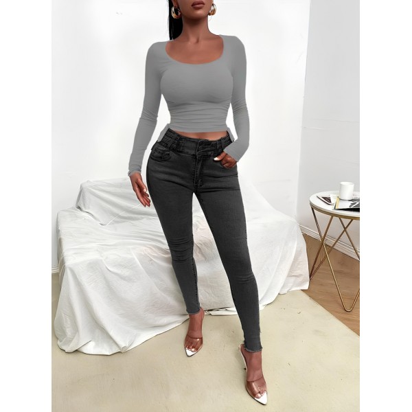 Kadın Uzun Kollu Yanlar Büzgü Detay Kaşkorse Crop