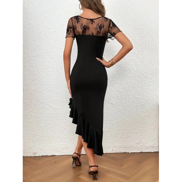 Kadın Kısa Kollu Yakası Açık Dantel Detaylı Fırfırlı Asimetrik Janjan Krep Elbise