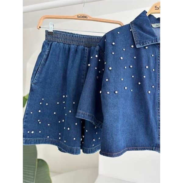 Taş Detaylı Gömlek Şort Denim Takım 10175