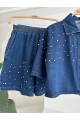 Taş Detaylı Gömlek Şort Denim Takım 10175