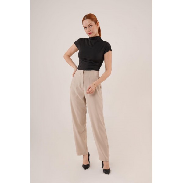 Çift Pens Detaylı Krem Pantolon