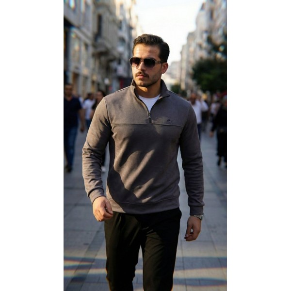 Erkek Süet Yarım Fermuar Dik Yaka Sweat