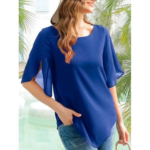 Kadın Kısa Yırtmaç Kollu Yuvarlak Yaka şifon Bluz