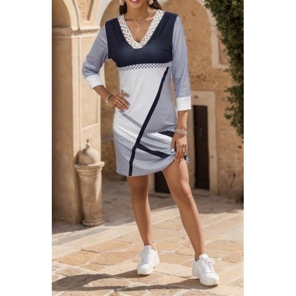 Kadın Fakir Kollu V Dantel Yaka Geometrik Desenli Dalgıç Elbise