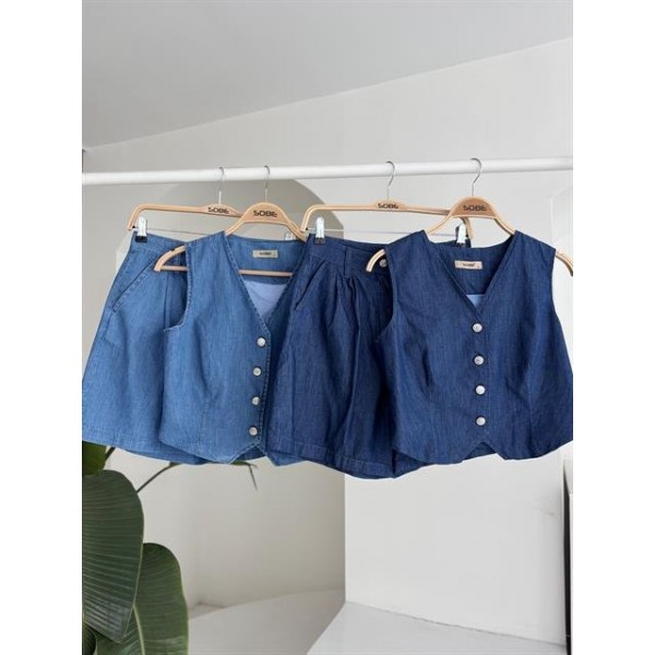 Gümüş Düğmeli Yelek Ve Şort Tensel Takım 10174