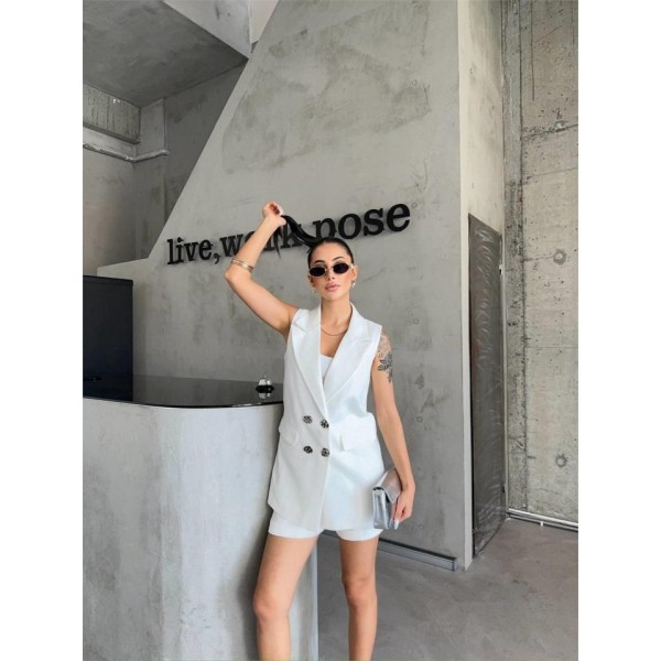 KETEN YELEK - ŞORT TAKIM - Beyaz