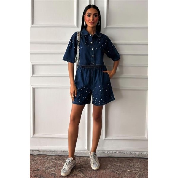 Taş Detaylı Gömlek Şort Denim Takım 10175