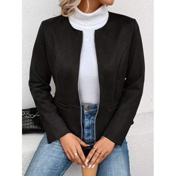 Kadın Uzun Kollu Yuvarlak Yaka önden Fermuarlı Süet Ceket