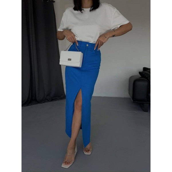 GABARDİN UZUN ÖNDEN YIRTMAÇLI ETEK - Saks