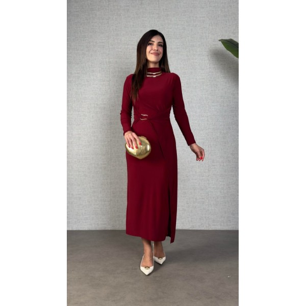 Kadın Balıkçı Yaka Toka Detay Sandy Kumaş Midi Boy Elbise