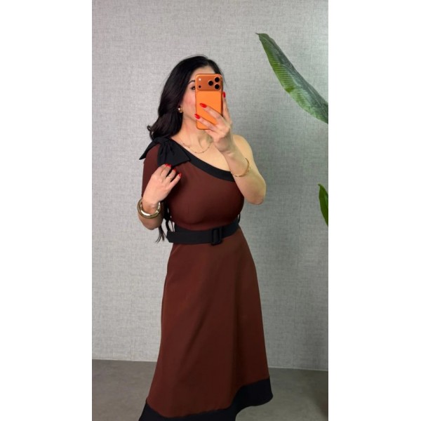 Kadın Tek Omuz Fiyonk Detaylı Midi Boy Elbise