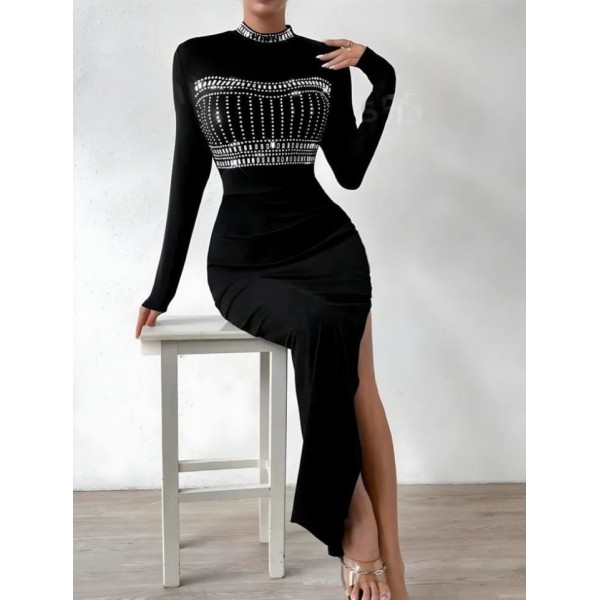 Kadın Yarım Balıkçı Yaka Taş Işemeli Bacak Dekolteli Maxi Boy Elbise