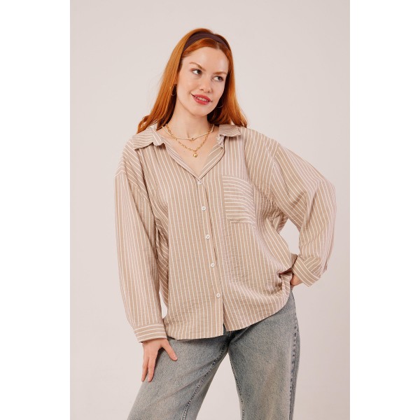 Çizgi Detaylı Cepli Camel Gömlek