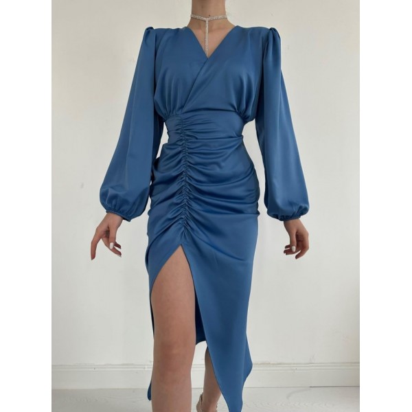 Mavi V Yaka Saten Elbise