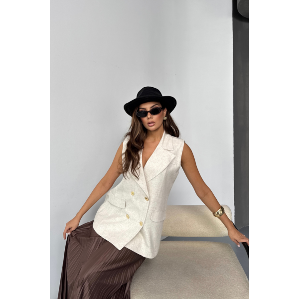 GOLD DÜĞMELİ KETEN YELEK - Ham