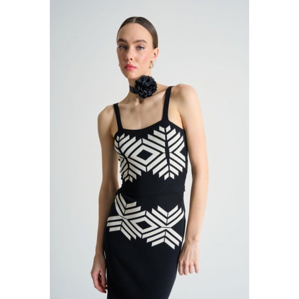 Jakarlı İnce AskılıTriko Takım - Siyah-Beyaz Kayısı