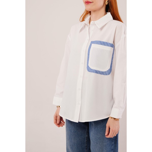 Çizgili Cep Detaylı Beyaz Gömlek