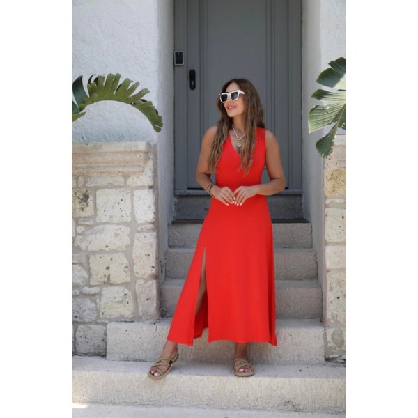 Kadın Askılı V Yakalı Yırtmaçlı Viskon Elbise