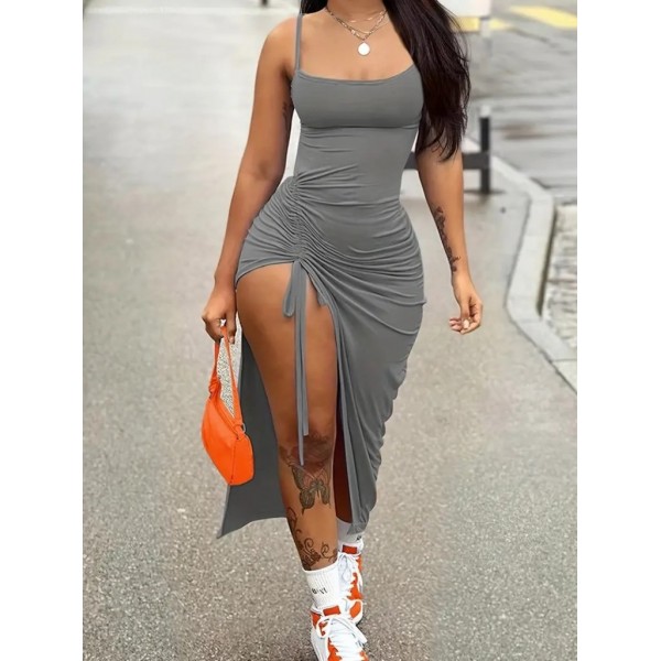 Kadın Kolsuz Ip Askılı Yandan Büzgülü Uzun Viskon Elbise