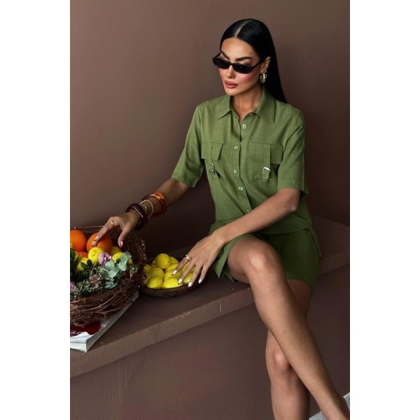 Gömlek Şort Etek Viscon Keten Takım 10162