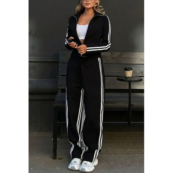 Kadın Uzun Kollu önden Fermuarlı Kısa Viskon Iki Iplik Bluz Ve Pantolon Ikili Takım