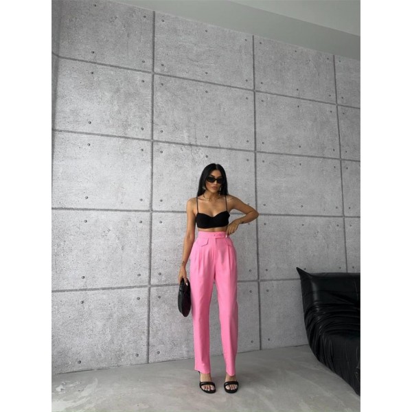 PANTOLON KAPALI CEP 3 DÜĞME DETAYLI - Pembe