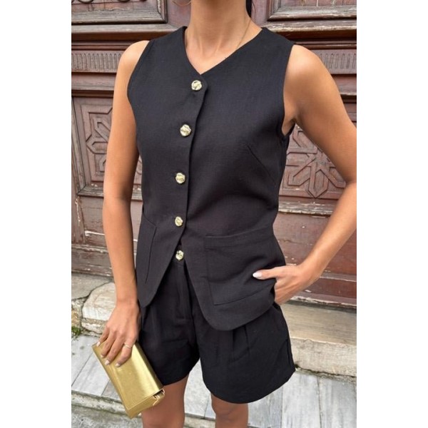 Gold Düğme Detaylı Yelek Şort Cotton Takım 10134-17