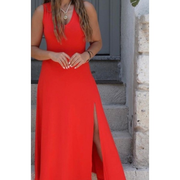 Kadın Askılı V Yakalı Yırtmaçlı Viskon Elbise