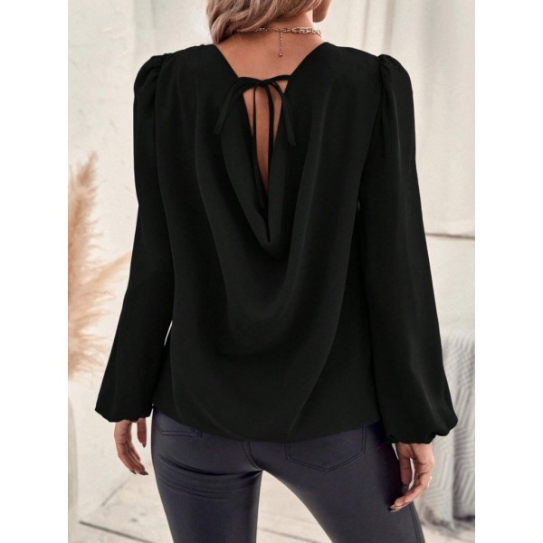 Kadın Uzun Kollu Yuvarlak Yaka Arkadan Bağcıklı Salaş Ithal Krep Bluz