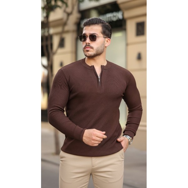 Erkek Fermuarlı Bisiklet Yaka Dokulu Uzun Kollu Triko