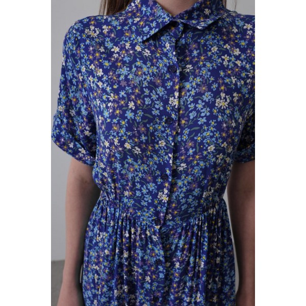 Baskılı Keten Elbise - Lacivert-Beyaz