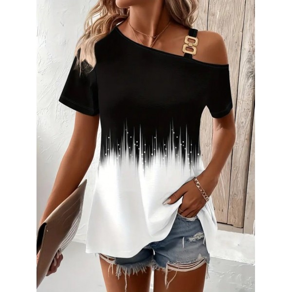 Kadın Tek Omuzdan Açık Askı Detaylı Desenli Süprem Bluz