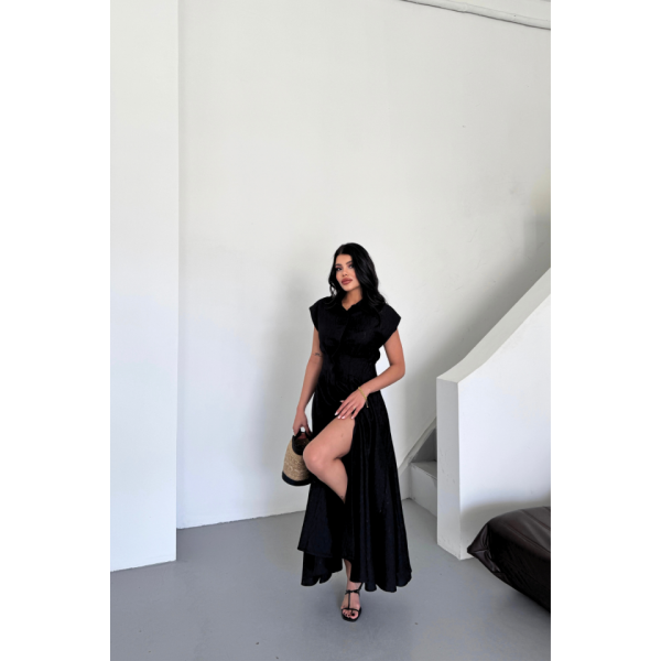 JAKARLI KETEN ELBİSE ÖNDEN YIRTMAÇLI CEPLİ - Siyah