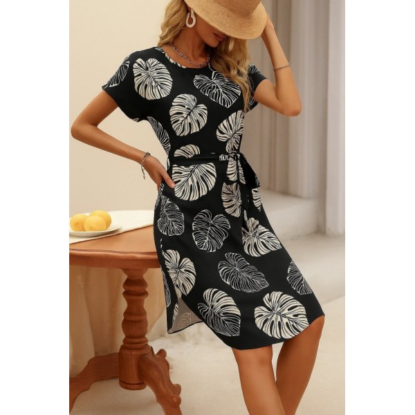 Kadın Kısa Kollu Bisiklet Yaka Desenli Kuşaklı örme Krep Midi Elbise