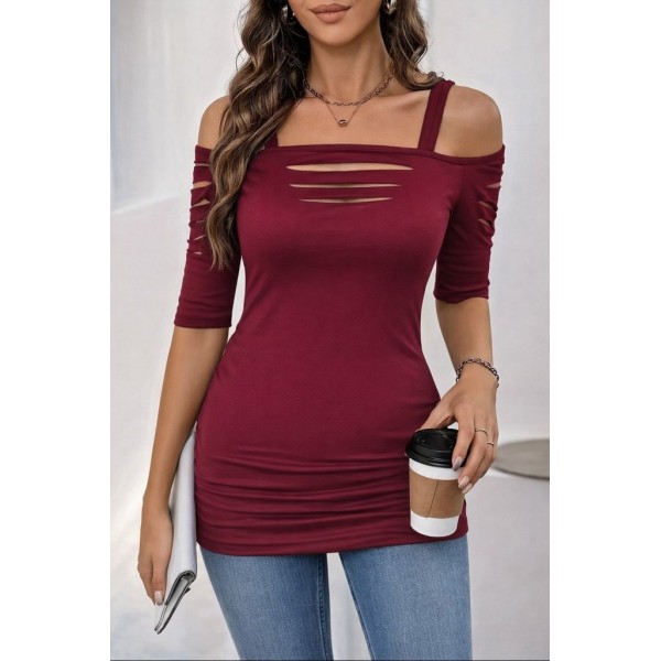 Kadın Omuzlardan Açık Askılı Lazer Kesim Detaylı Viskon Bluz