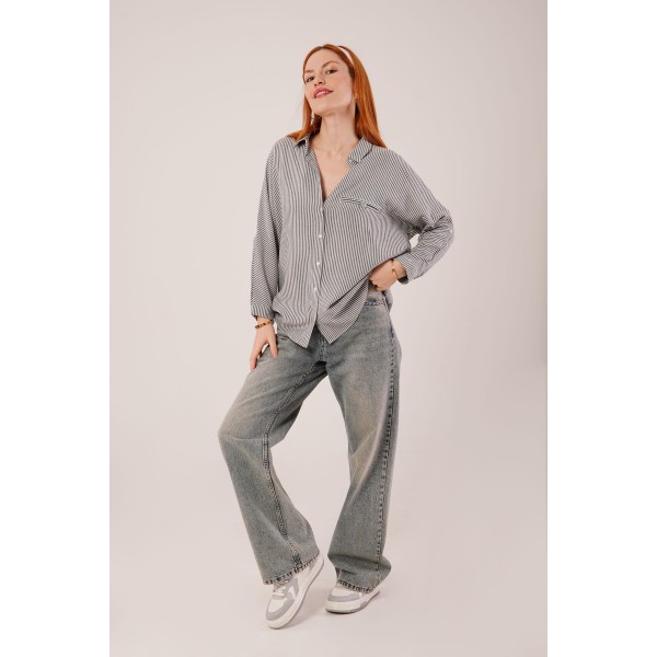 Cep Detay Çizgili Oversize Gri Gömlek