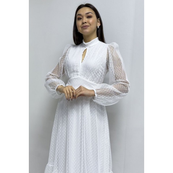 Kadın Damla Yaka Sırt Dekolteli Astarlı Tül Elbise