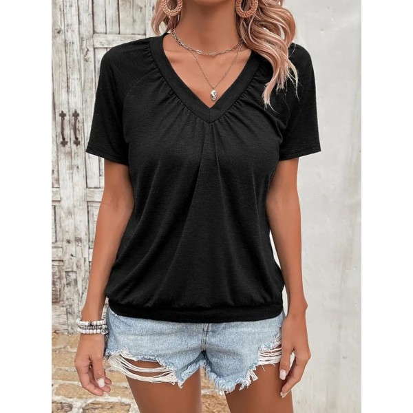 Kadın Kısa Kollu V Yakalı Büzgü Detaylı Viskon Bluz