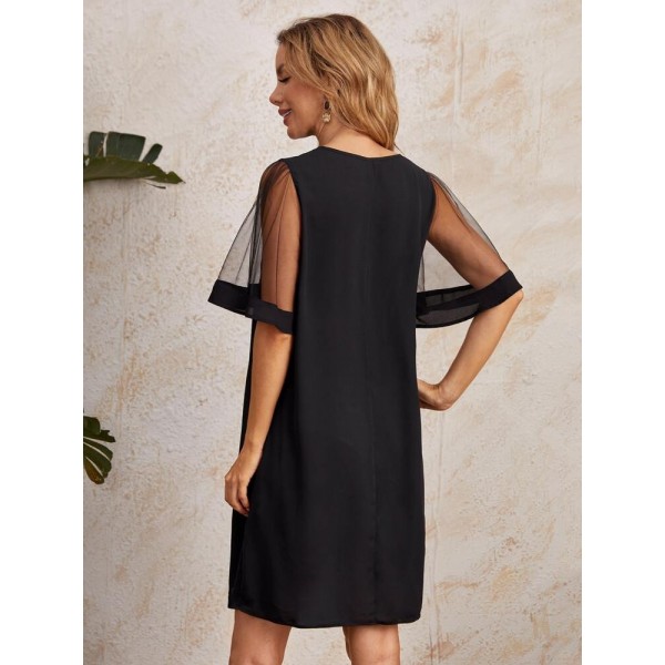 Kadın Tüllü Kısa Kollu V Yaka Krep Elbise