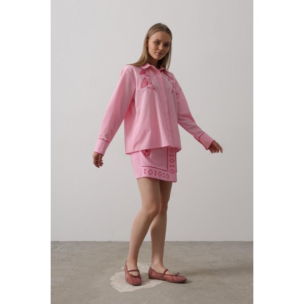 Nakış Detaylı Etekli Takım - Pembe