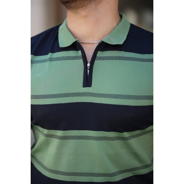 Erkek Yakalı Fermuarlı çift Renk Kısa Kollu T-shirt