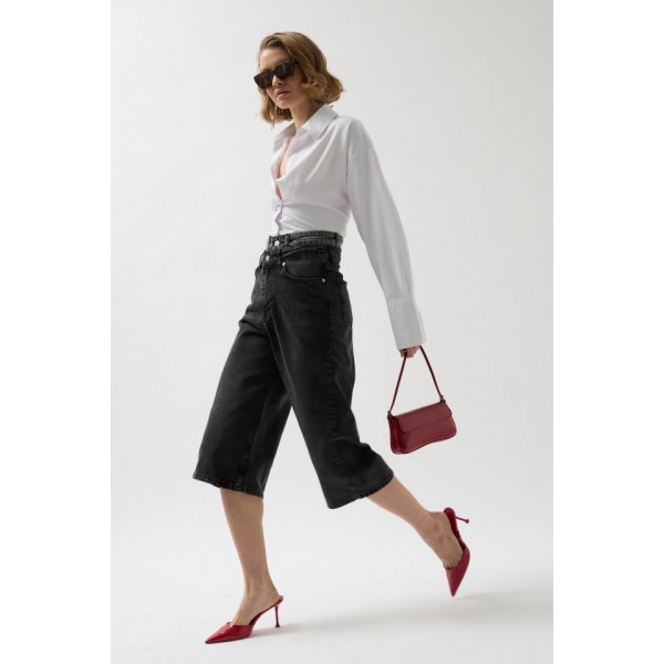 Çift Kemerli Bermuda Denim Şort