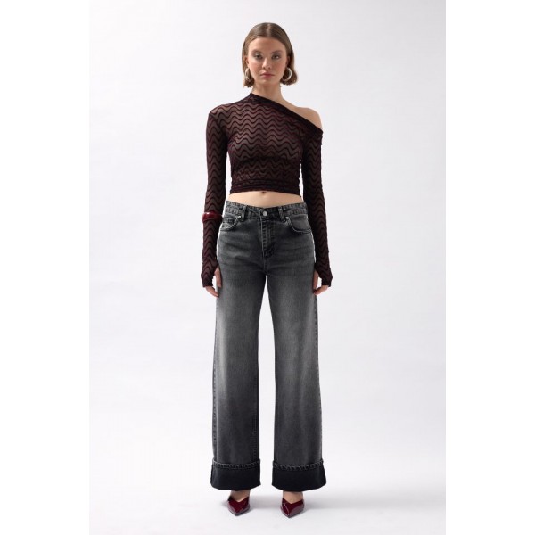 Paça Katlamalı Yüksek Bel Jean