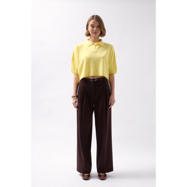 Polo Yaka Crop Dokulu Bluz