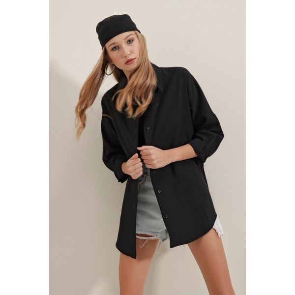 Siyah Oversize Uzun Basic Gömlek 3900