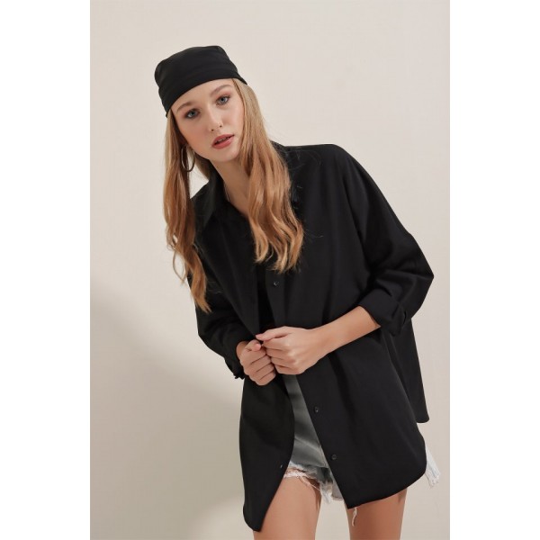 Siyah Oversize Uzun Basic Gömlek 3900