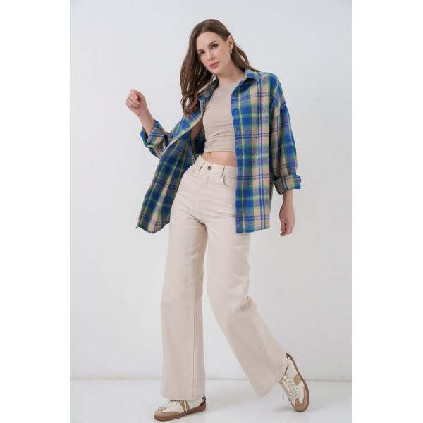 Ekose Desen Oversize Oduncu Gömlek 3854 Mavi Gri